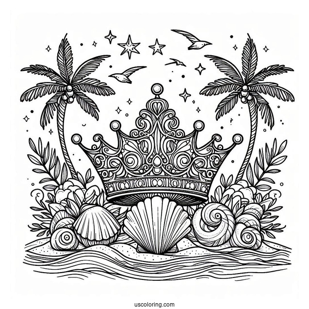 Seashell Crown Coloring Page on a Tropical Beach