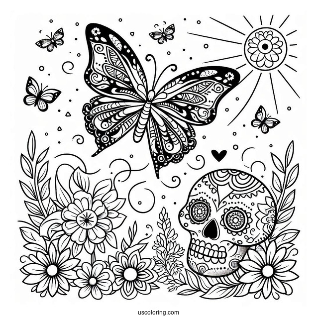 Butterfly Flying To A Sugar Skulls Coloring Page With Flowers