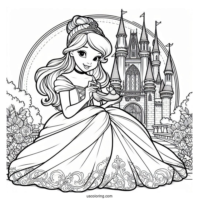 Princess Coloring Page Of Cinderella Outside Of Castle Holding Glass Slipper