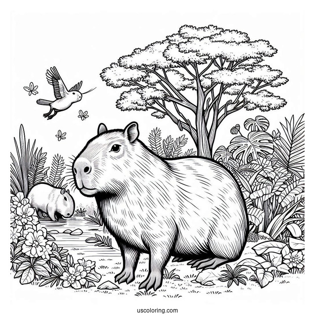 Large Capybara Coloring Page In The Garden