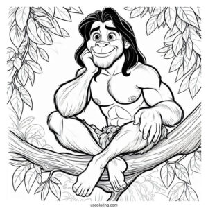 Tarzan Coloring Page Smiling While Sitting On A Tree Branch