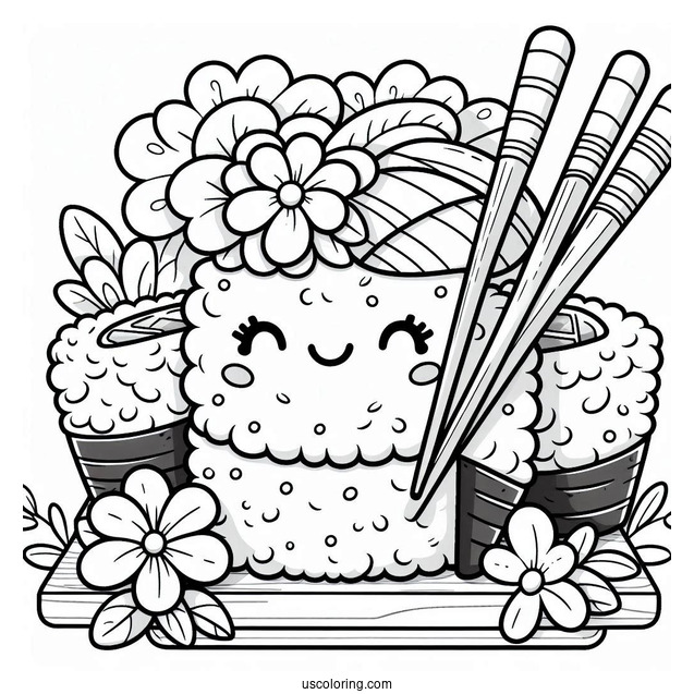 Adorable Cartoon Sushi Coloring Pages With Flowers And Chopsticks