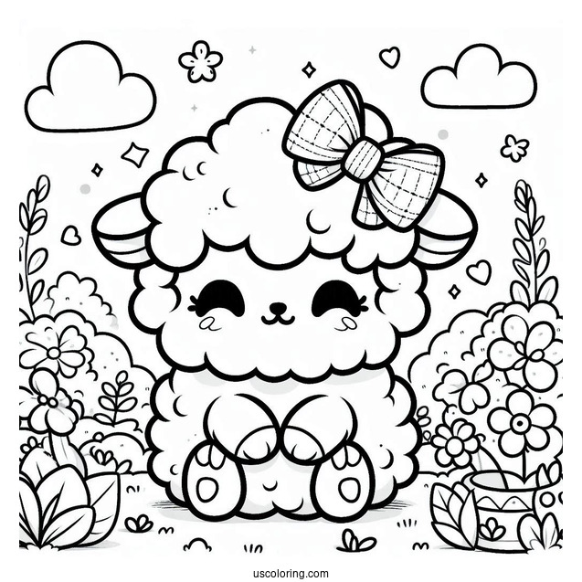 Kawaii Sheep With A Bow Sitting In The Middle Of A Garden In Spring