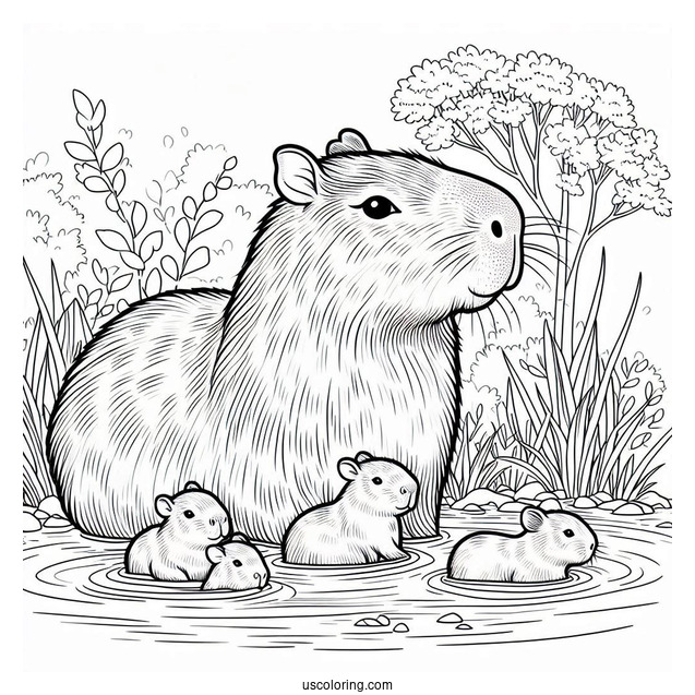 Mama Capybara Coloring Page With Babies In The Water