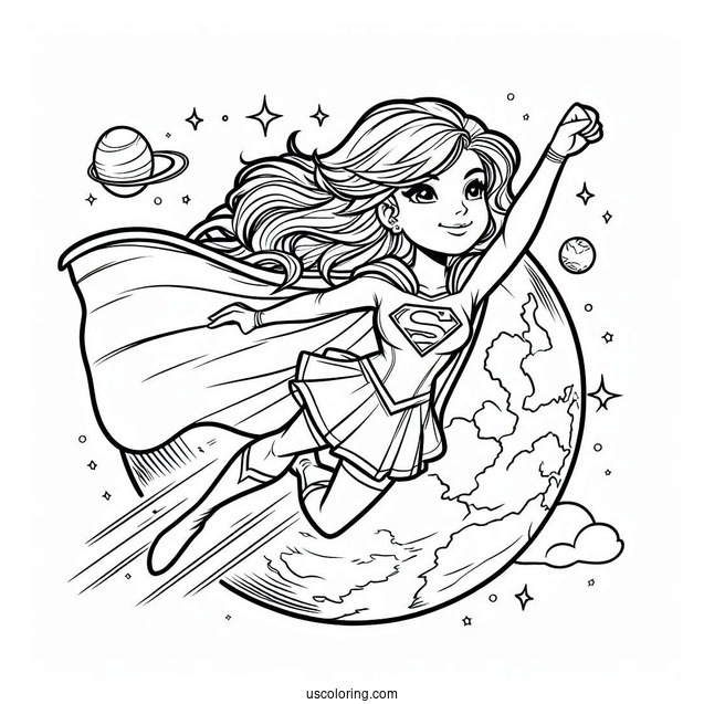 Comic Supergirl Coloring Page Flying Above Earth