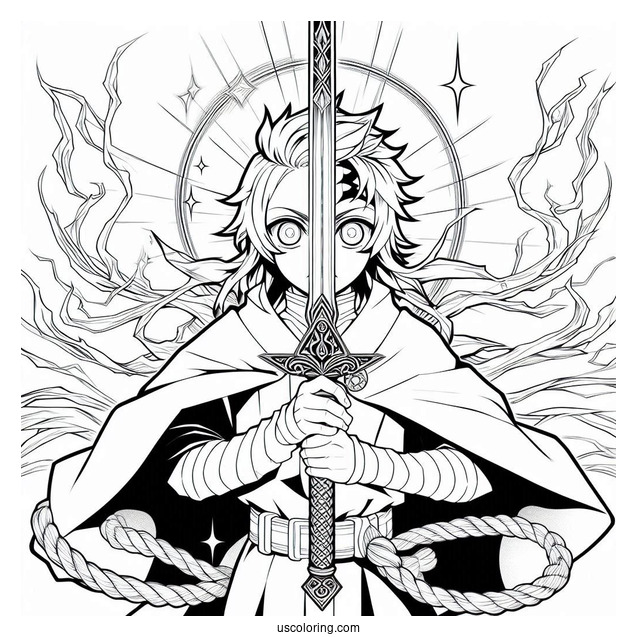 Powerful Tanjiro Coloring Page Summoning Constant Flux With Nichirin Sword