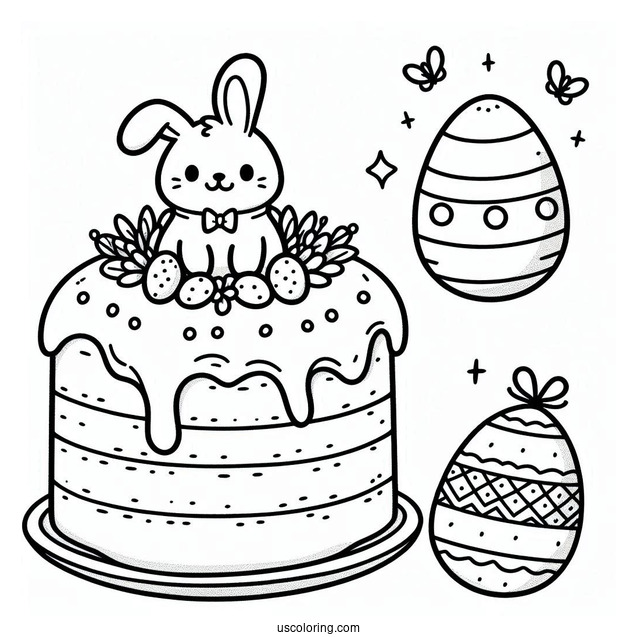 Coloring Page Of Easter Cake With Bunny And Egg Topper