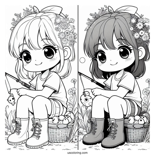 Little Girl Fishing Coloring Page For Kids