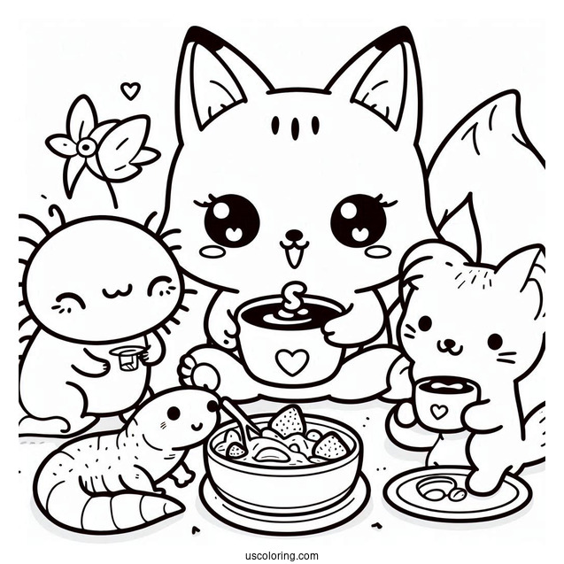 Kawaii Fox, Bird, Axolotl, And Cat Eating Together