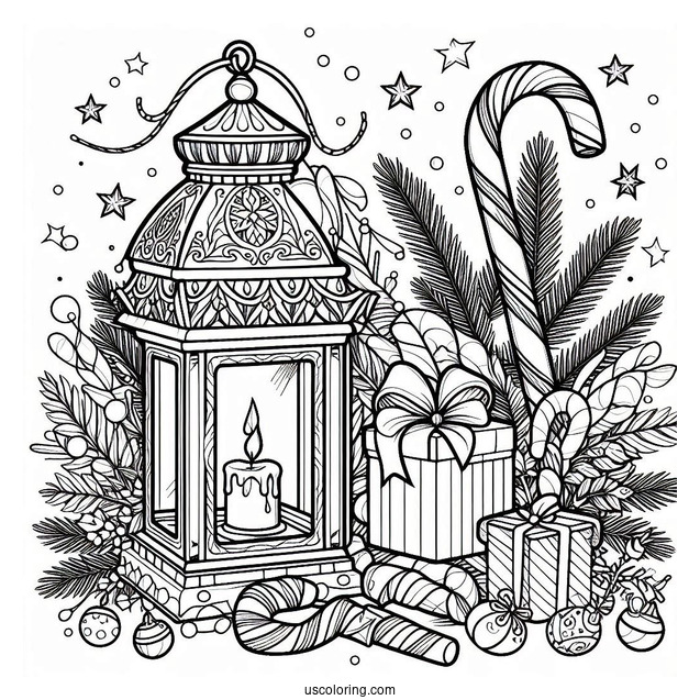 Christmas Coloring Pages For Adults Of Christmas Lantern With Candy Canes In Background