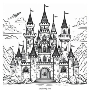 Simple Castle Coloring Page With High Tower In The Middle