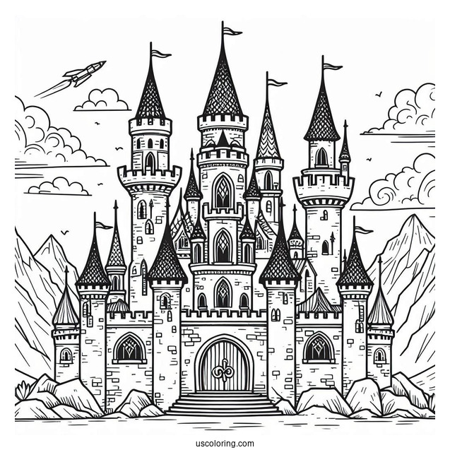 Simple Castle Coloring Page With High Tower In The Middle