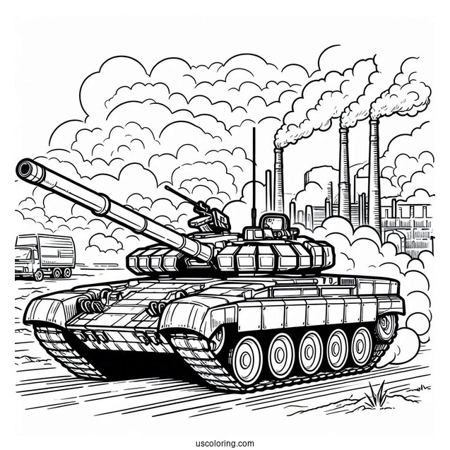 Simple Armata Russian Tank With Smoking Building in Background