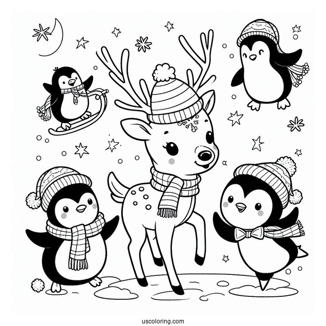 Reindeer Having Fun With Penguins To Color