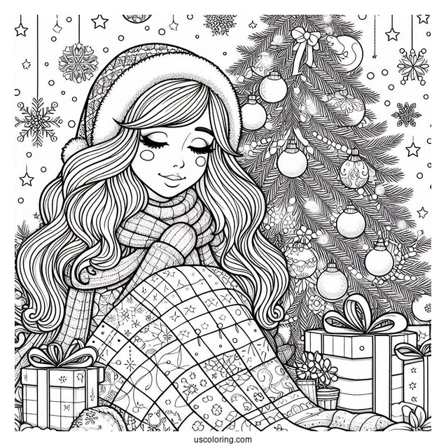 Christmas Coloring Pages For Adults Of Cartoon Woman Wrapped In Quilt In Front Of Christmas Tree