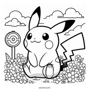 Pikachu Sitting On A Flower Field With A Father's Day Coloring Page Of Sign
