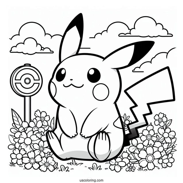 Pikachu Sitting On A Flower Field With A Father's Day Coloring Page Of Sign