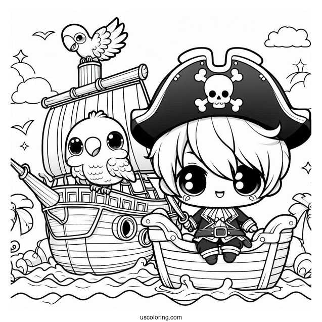 Adorable Chibi Pirates On A Pirate Ship Coloring Page With A Parrot