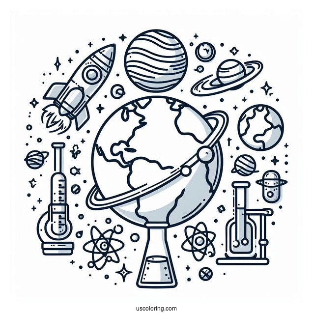 Simple Earth Surrounded By Rockets, Planets, Flasks, And Magnets Science Coloring Page