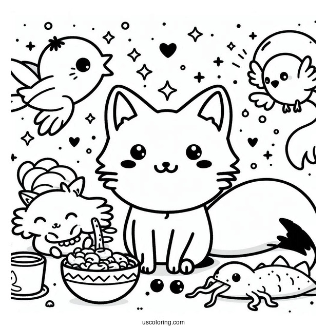 Kawaii Fox, Bird, Axolotl, And Cat Eating Together