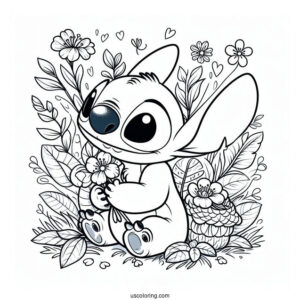 Stitch Smiling At Flowers In Spring Coloring Page