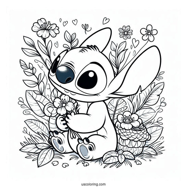 Stitch Smiling At Flowers In Spring Coloring Page