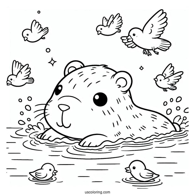 Kawaii Capybara Coloring Page Swimming With Birds For Kids