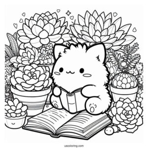 Pompompurin Reading While Surrounded By Succulent Coloring Page
