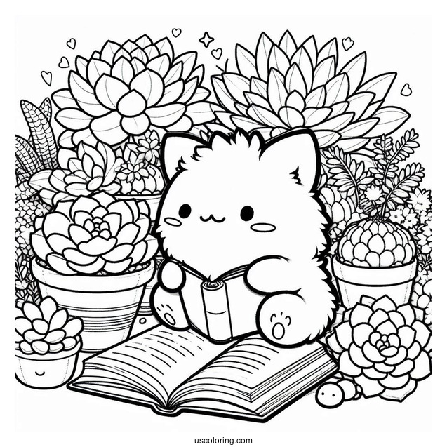 Pompompurin Reading While Surrounded By Succulent Coloring Page