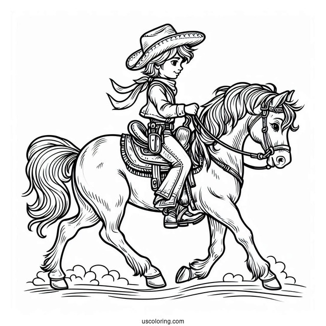 Young Cowboy Coloring Page Riding A Horse For Kids