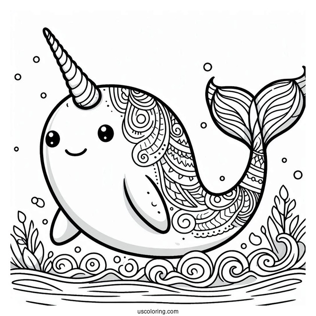 Large Narwhal Coloring Page With Tail Above The Water