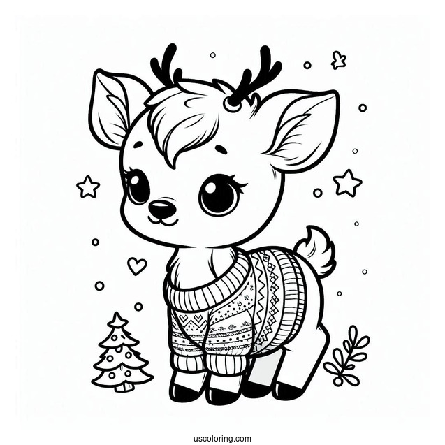 Baby Reindeer Wearing a Christmas Sweater To Color