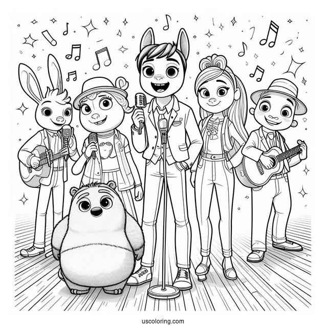 Sing Coloring Page Of Gunter, Rosita, Buster Moon, Johnny, Ash, And Meena In Sing Poster