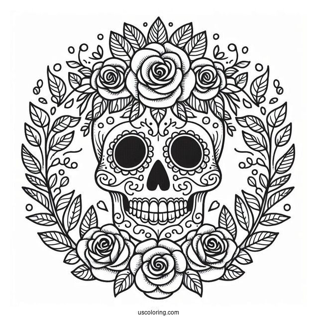 Smiling Sugar Skull Coloring Page Rose Wreath With Leaf Patterns