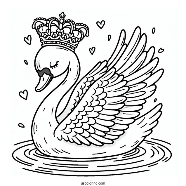 Swan Coloring Page With Crown In The Pond