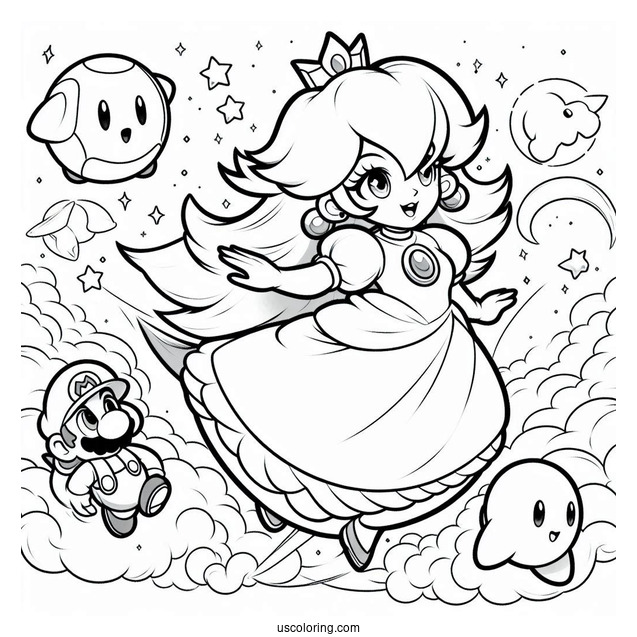 Rosalina Flying In The Sky With Luma, Mario, And Star Fox Coloring Sheet