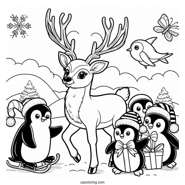 Reindeer Having Fun With Penguins To Color