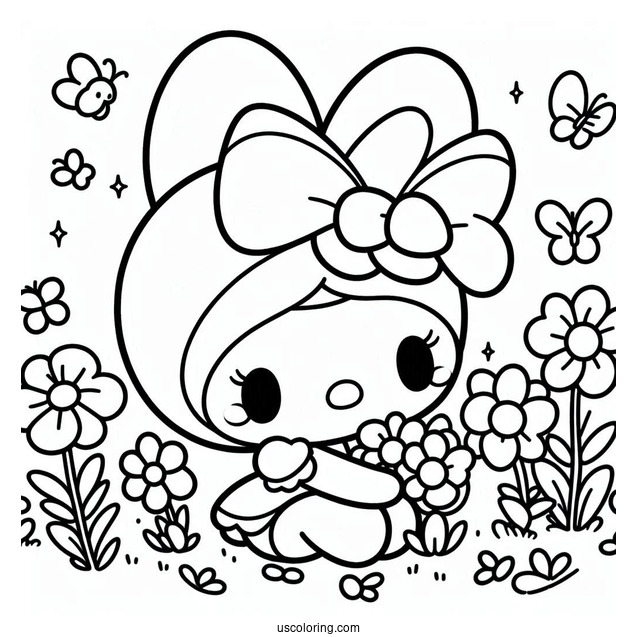 Kawaii My Melody Coloring Page Picking Flowers