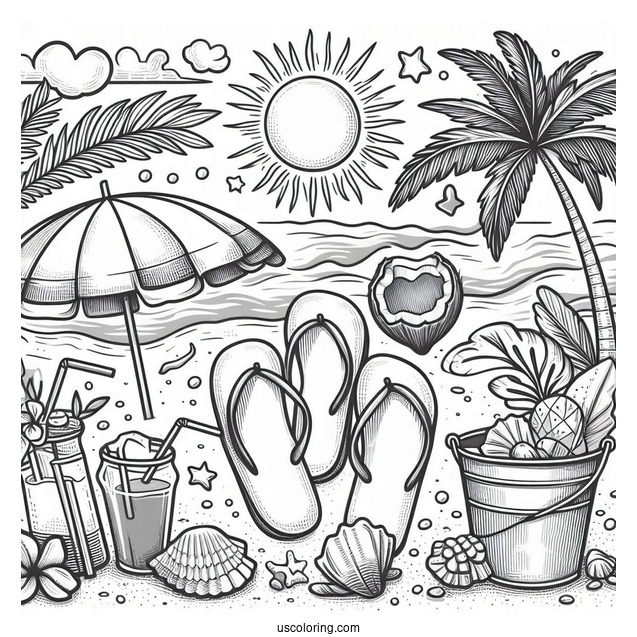 Beach Flip Flops, Umbrella, Surfboard, Seashell, Palm Tree, Coconut Drink, Bucket, And Sun