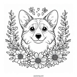 Corgi Coloring Page Face Surrounded By Flowers