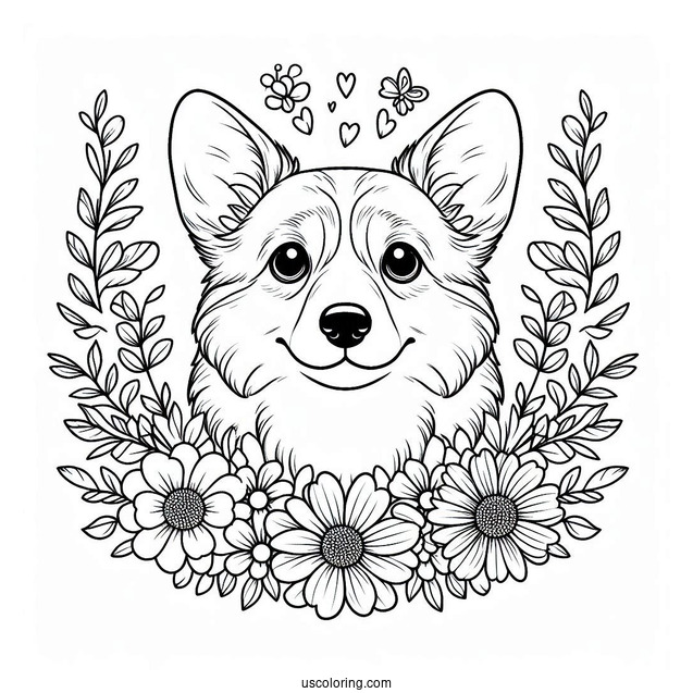 Corgi Coloring Page Face Surrounded By Flowers