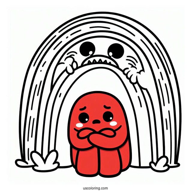 Red Friend Hiding From Scary Rainbow Friends Coloring Page