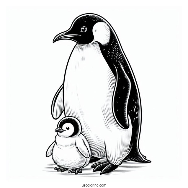 Emperor Penguin With Baby Chick Coloring In