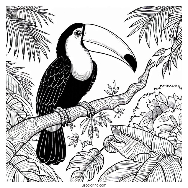 Realistic Toucan In The Jungle Coloring Page
