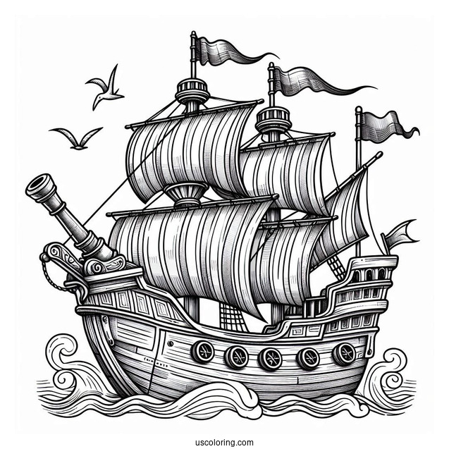 Wooden Pirate Ship With Canon To Color