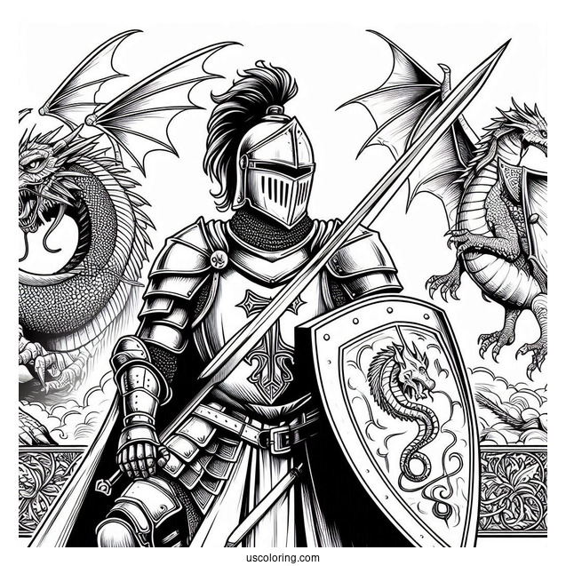 Crusader Knight With Dragons In Background