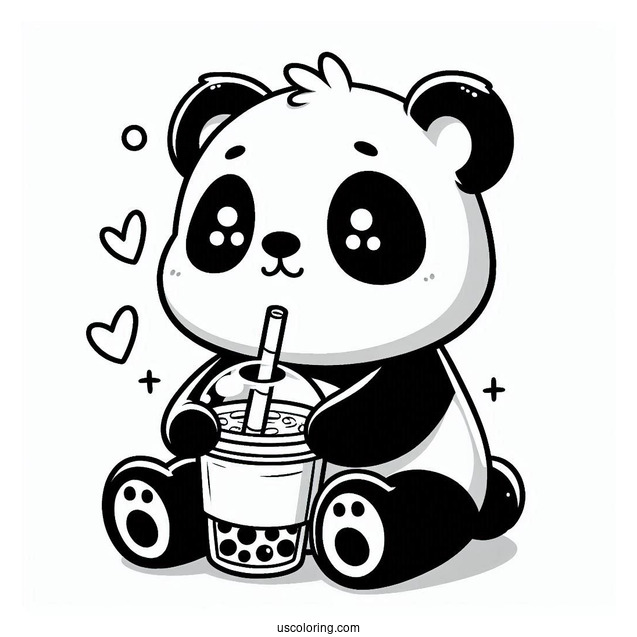 Easy Baby Panda Coloring Page Sipping Boba Tea For Preschoolers