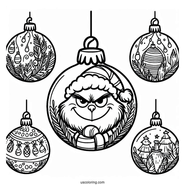 Simple Grinch Bauble Christmas Ornaments Coloring Page