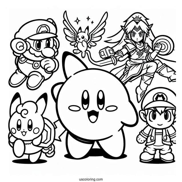 Kirby, Pikachu, Zelda, Sonic, And Little Mac Super Smash Bros Coloring Page