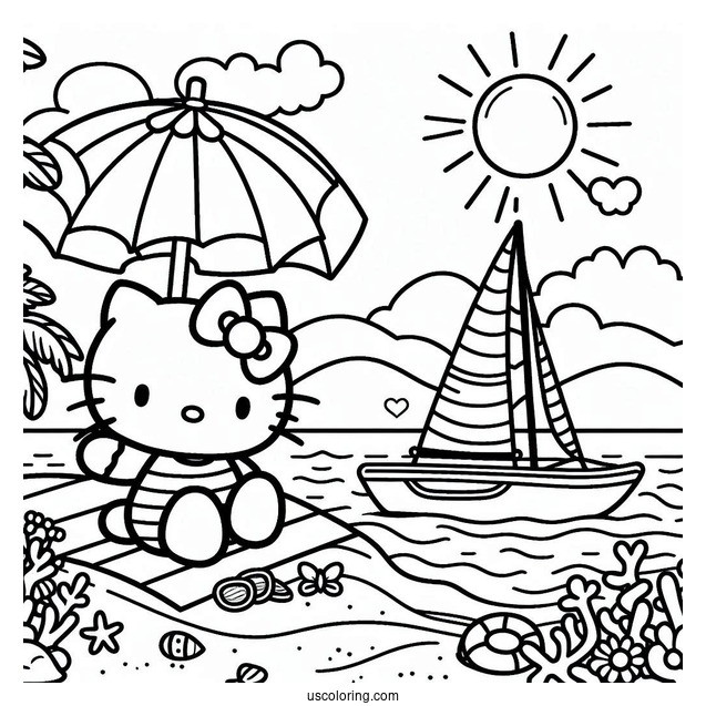 Pretty Hello Kitty At The Beach With A Sailboat Behind Her